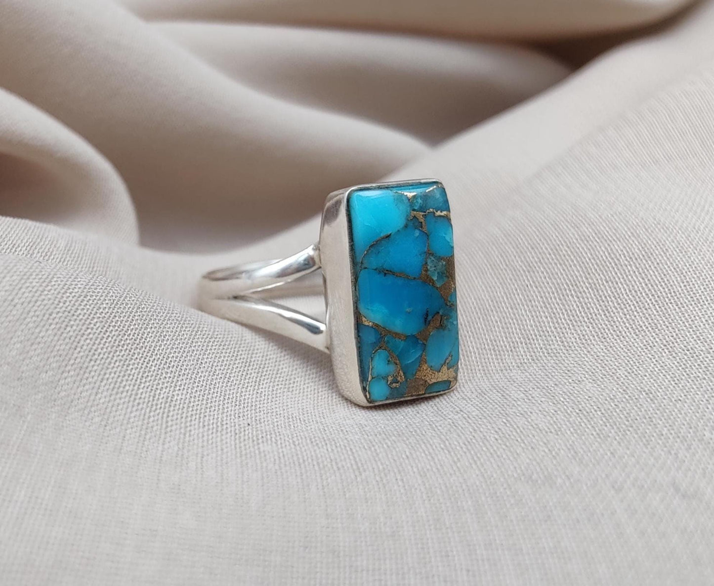 Blue Copper Turquoise 925 Sterling Silver Ring: Boho Gemstone Jewelry