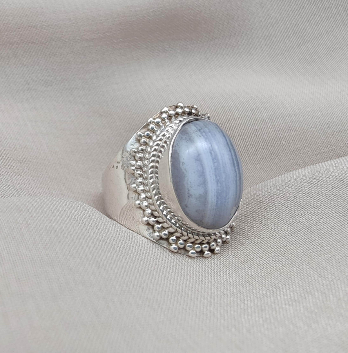 Blue Lace Agate Ring: Sterling Silver Boho Statement Ring