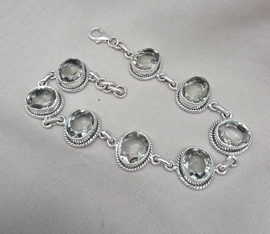925 Sterling Silver Green Amethyst Bracelet Oval Prasiolite Gemstone Vintage Boho Bracelet for Women