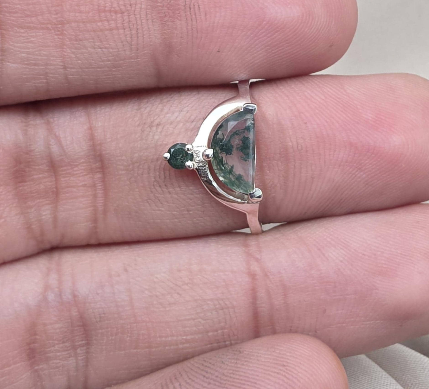 Moss Agate Ring 925 Silver Dual Stone Statement Ring Nature Gemstone