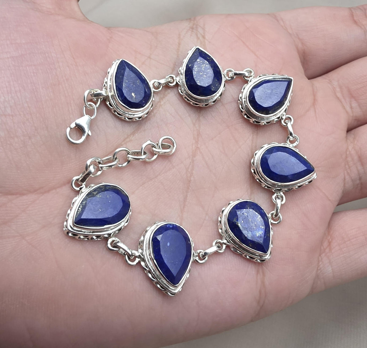 925 Sterling Silver Lapis Lazuli Bracelet Natural Blue Pear Shape Gemstone Handmade Jewelry