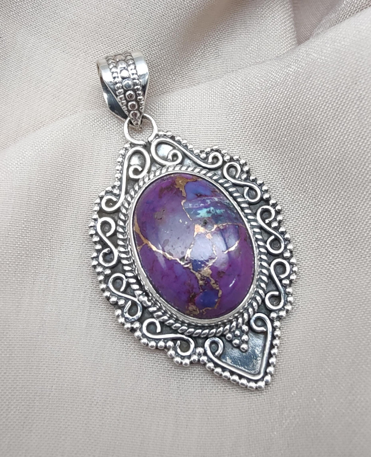 Purple Copper Turquoise Pendant: Sterling Silver Boho Healing Necklace