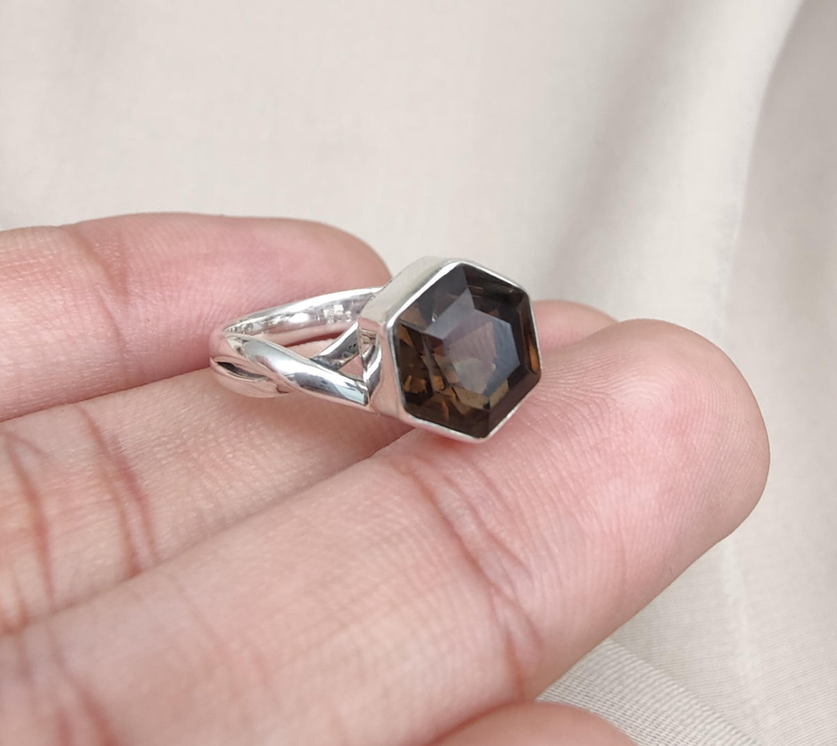Smoky Quartz Hexagon Ring: 925 Sterling Silver Twisted Band