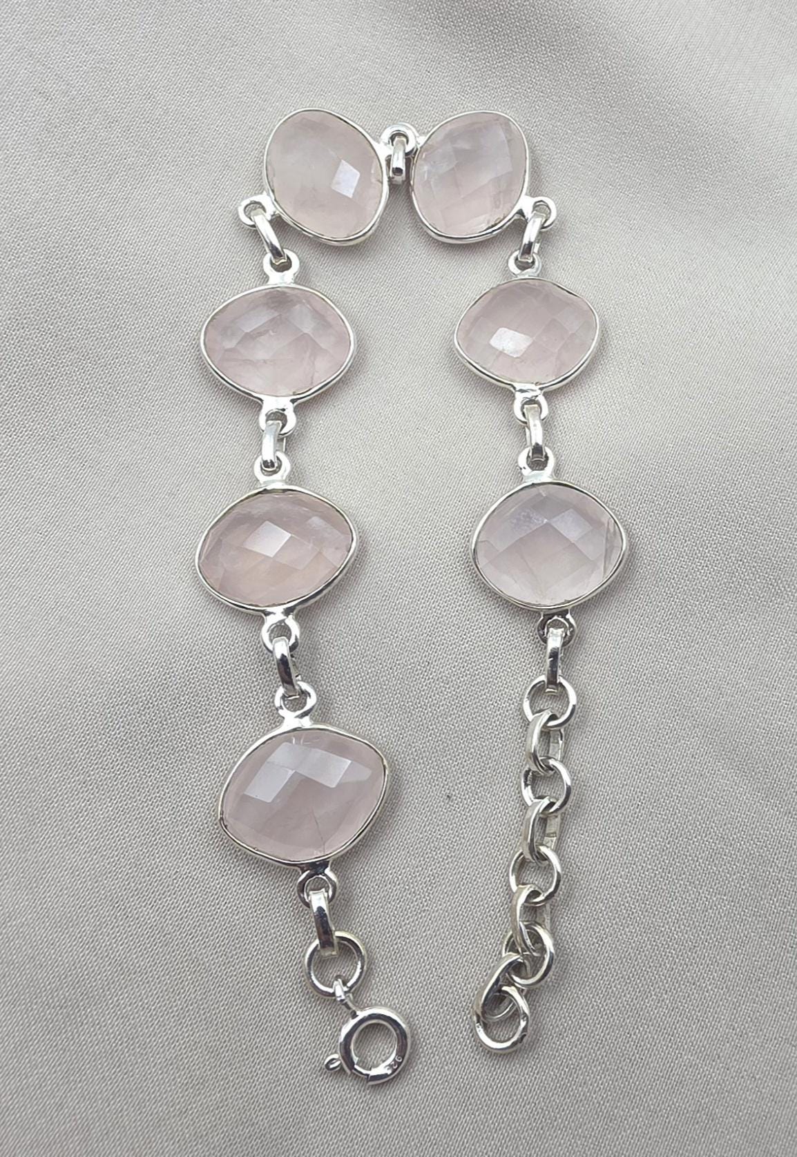 925 Sterling Silver Rose Quartz Natural Gemstone Link Bracelet Handmade Jewelry Gift for Her