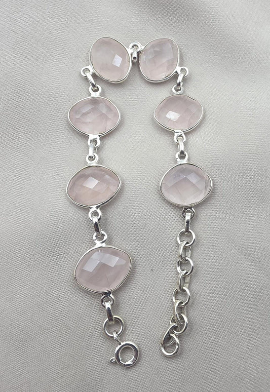 925 Sterling Silver Rose Quartz Natural Gemstone Link Bracelet Handmade Jewelry Gift for Her