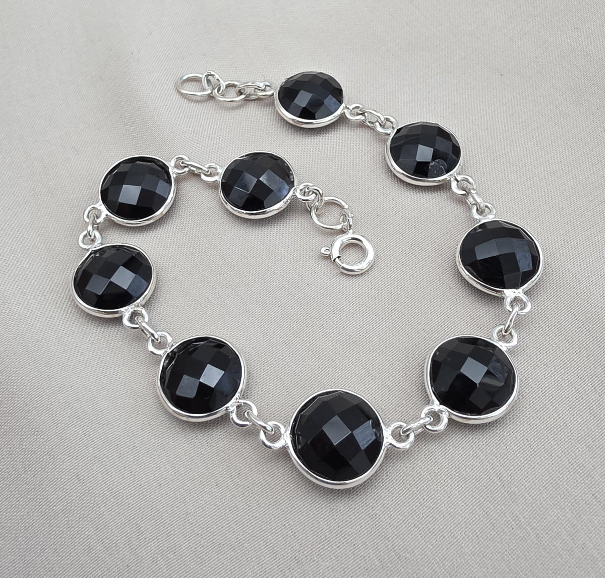 Black Onyx Bracelet 925 Sterling Silver Faceted Round Stone Link Bracelet Handmade Jewelry