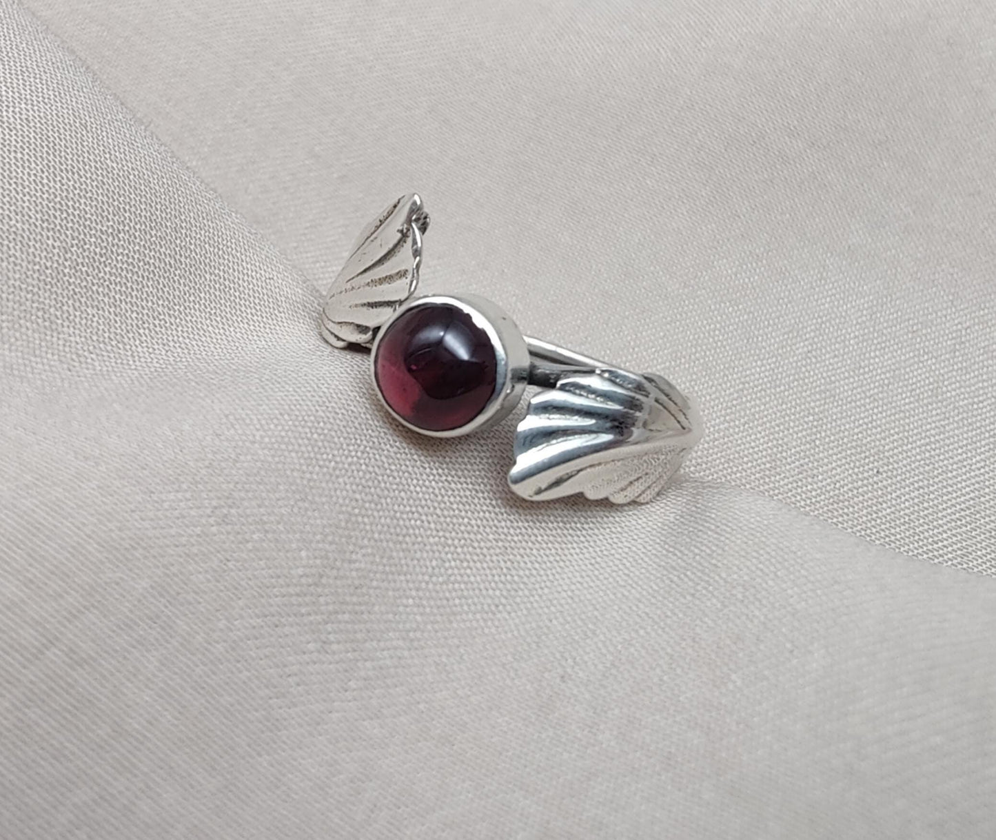Red Garnet 925 Sterling Silver Ring – Adjustable Leaf Design, Natural Gemstone January Birthstone Jewelry