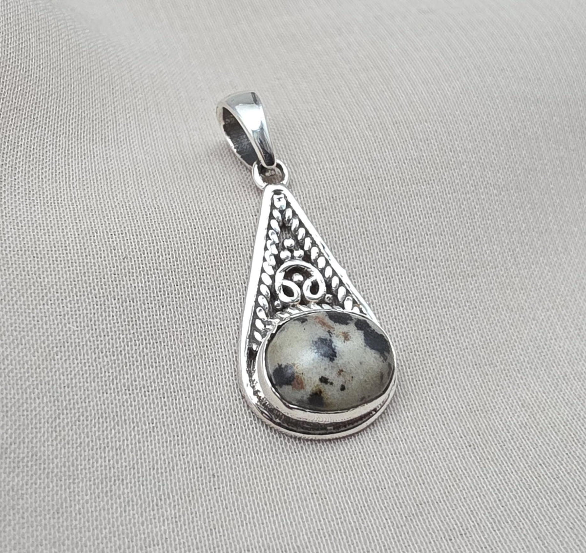 Sterling Silver Dalmatian Jasper Pendant: Teardrop Boho Necklace