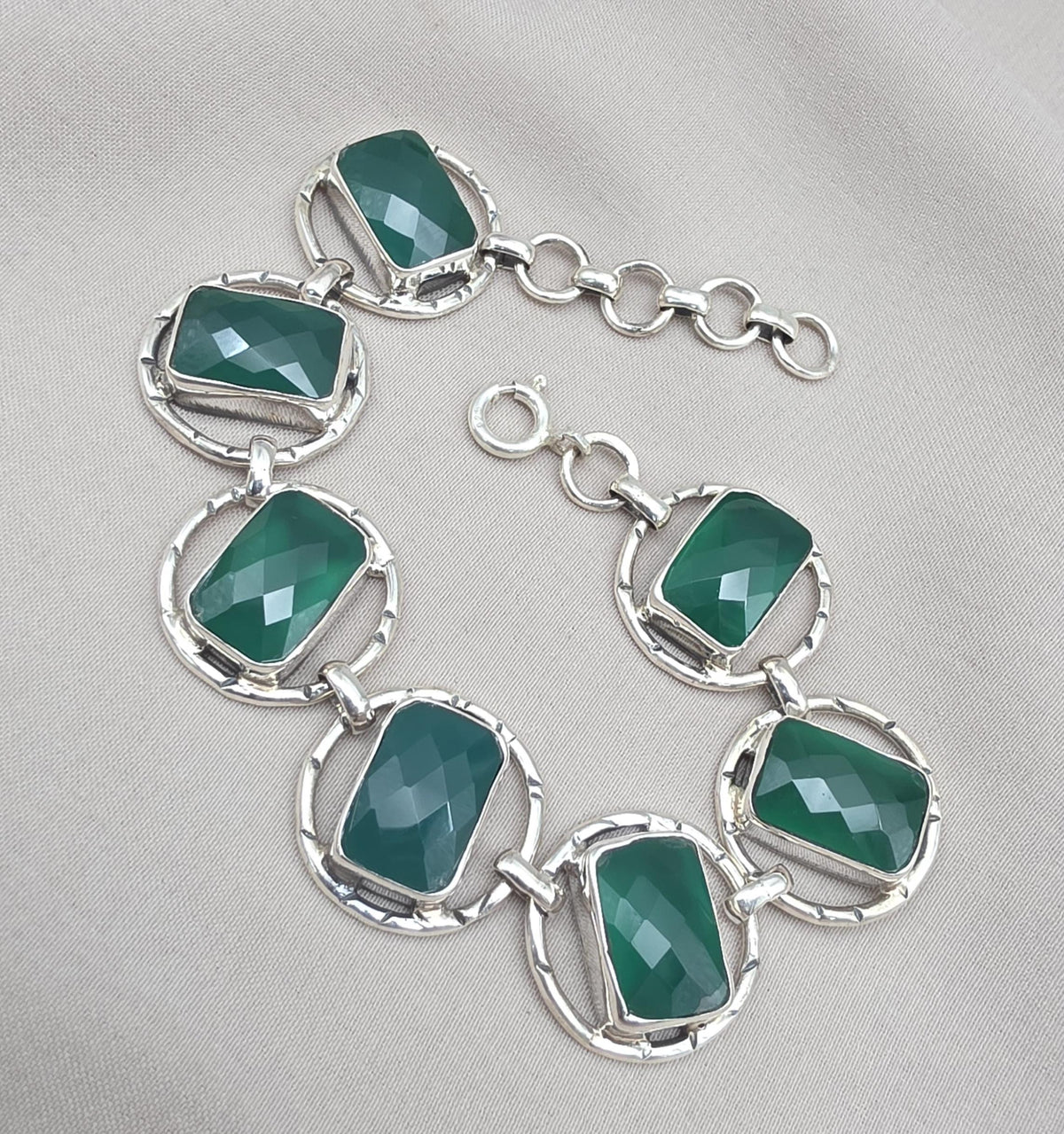 925 Sterling Silver Green Onyx Bracelet Bold Statement Gemstone Link Bracelet Gift for Her
