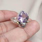 Amethyst Teardrop Ring: 925 Sterling Silver, Gold Shell Motif