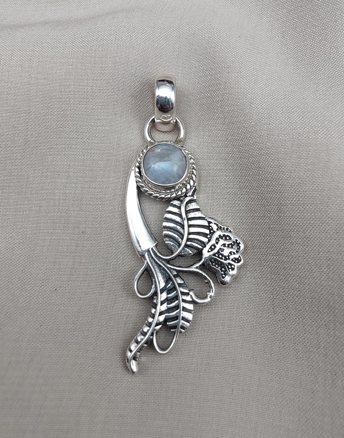 Rainbow Moonstone Silver Pendant: Artisan Floral Leaf Design, Boho Charm