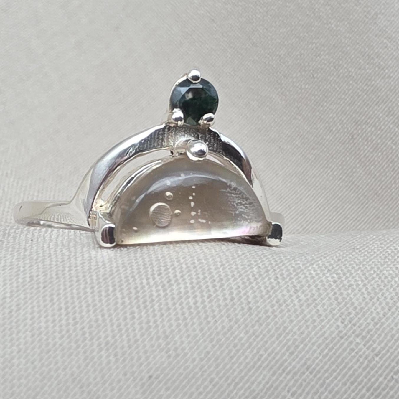 Mother of Pearl Doublet  Ring 925 Sterling Silver Dual Stone Moss Agate Statement Ring