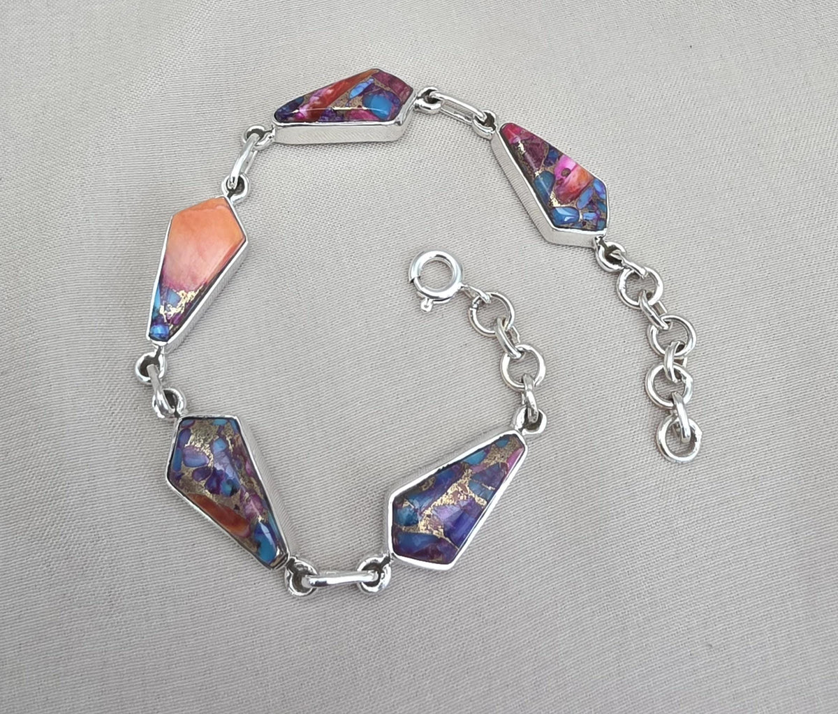 Spiny Oyster Turquoise 925 Sterling Silver Multi Stone Link Bracelet Handmade Boho Statement Jewelry