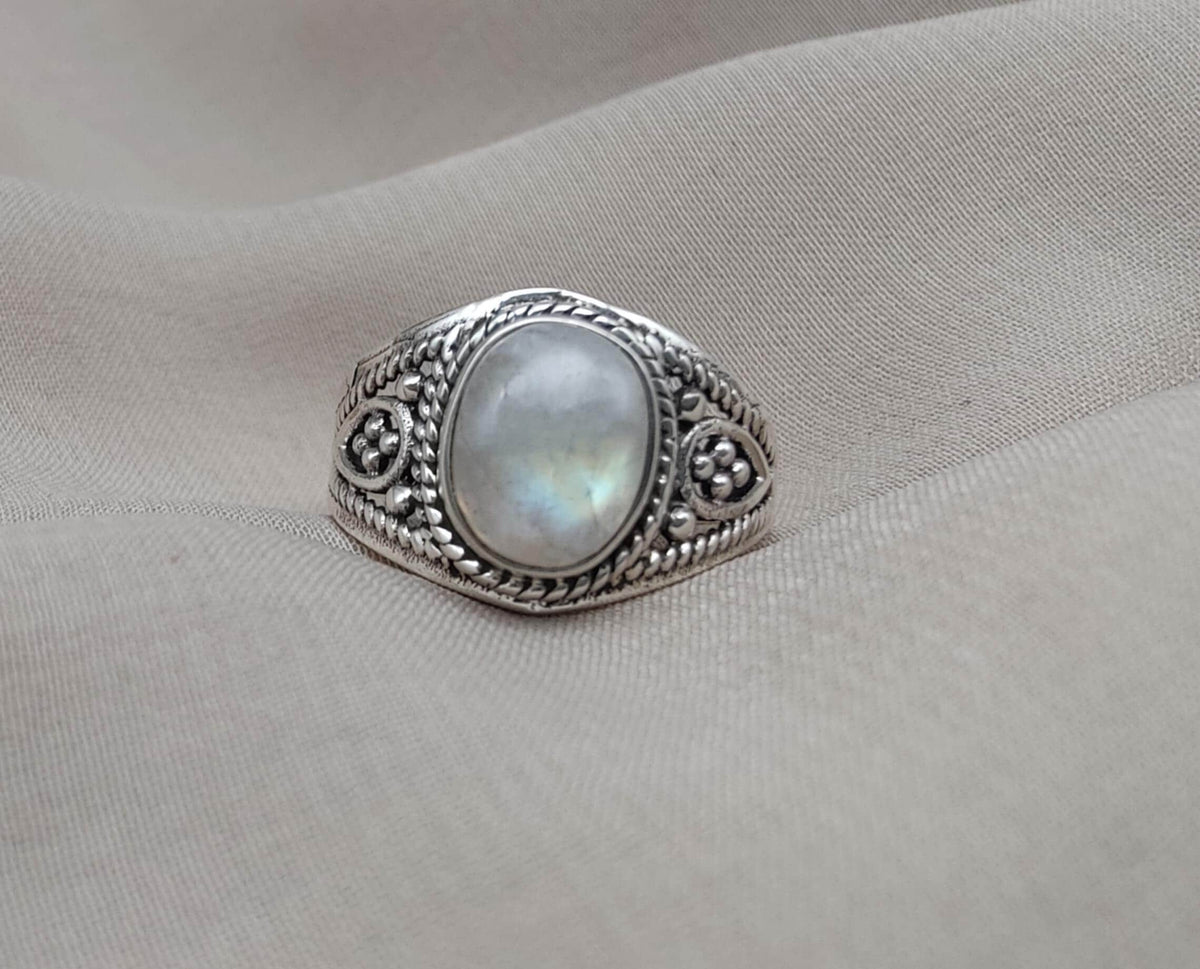 Rainbow Moonstone Ring: Oxidized 925 Sterling Silver, Boho Floral Design