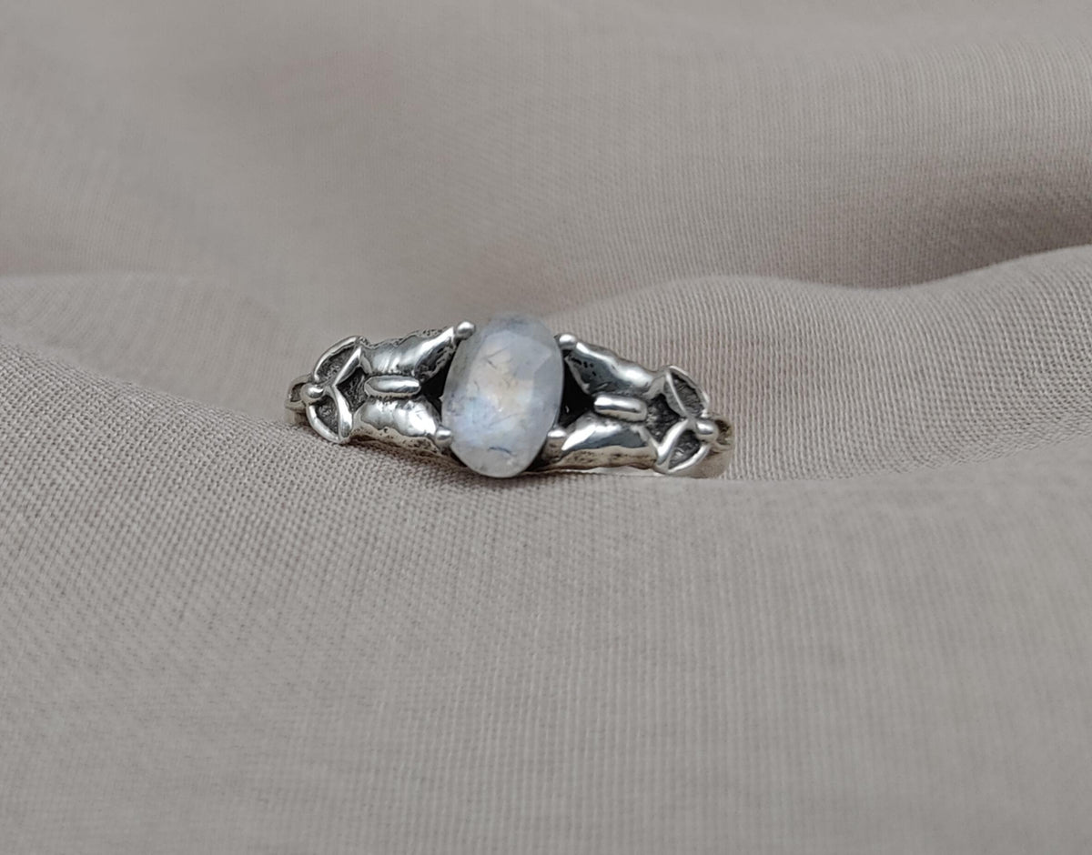 Rainbow Moonstone Goddess Ring: 925 Sterling Silver, Boho Spiritual Jewelry