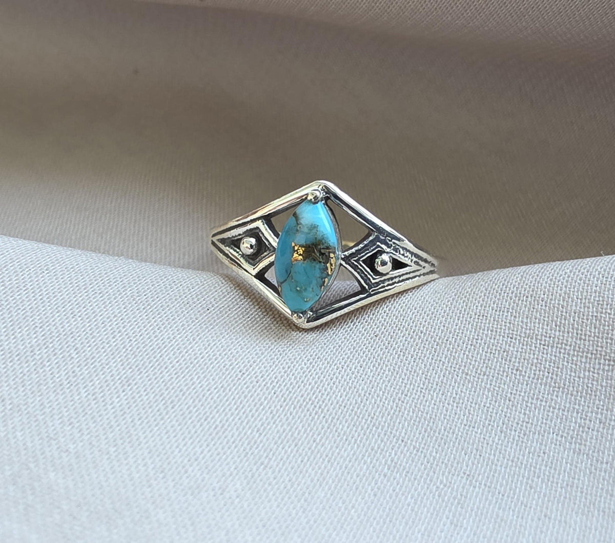 Blue Copper Turquoise Marquise Ring 925 Sterling Silver Statement Ring December Birthstone Gift