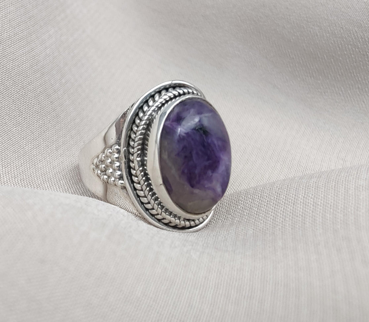 Natural Charoite 925 Sterling Silver Ring: Handmade Boho Gemstone Jewelry