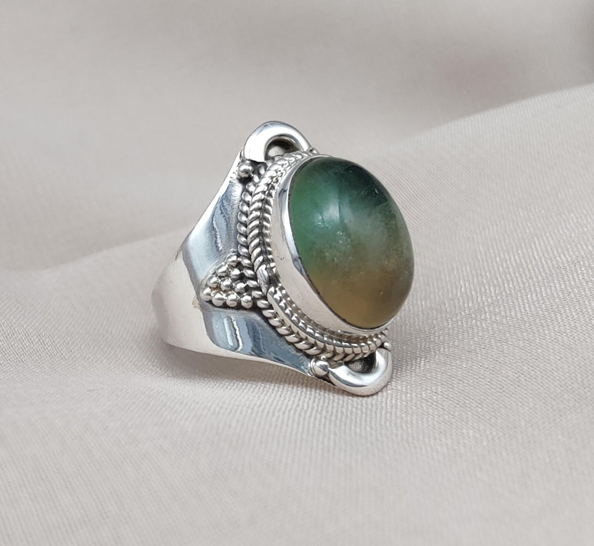 Fluorite Sterling Silver Ring: Green-Gold Crystal, Boho Healing Jewelry