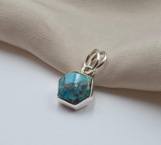 925 Sterling Silver Blue Copper Turquoise Hexagon Pendant Handmade Jewelry