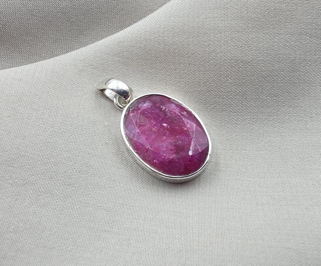 925 Sterling Silver Oval Ruby Pendant, July Birthstone Jewelry, Handmade Bezel Setting