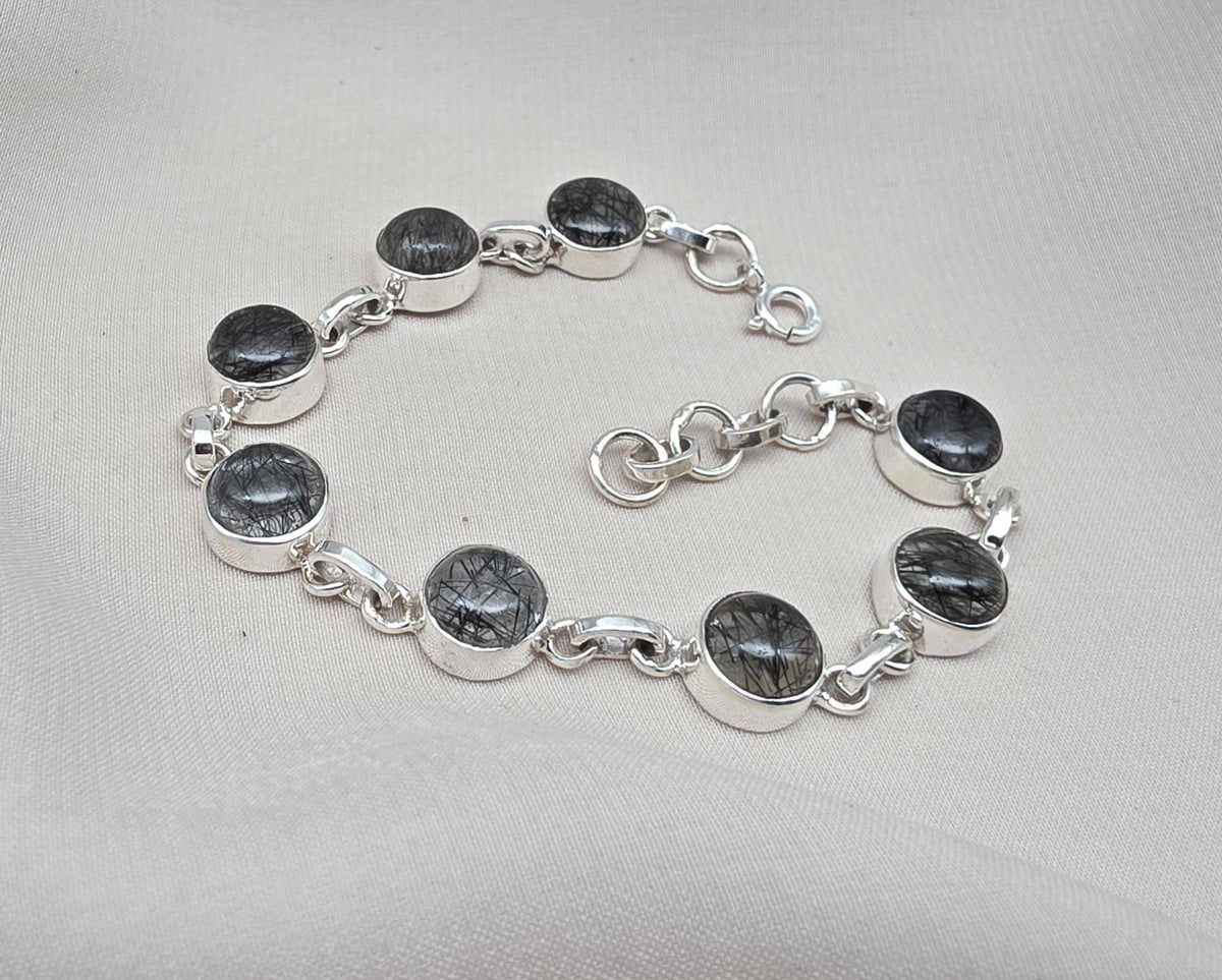 Black Rutile Quartz 925 Sterling Silver Bracelet Natural Handmade