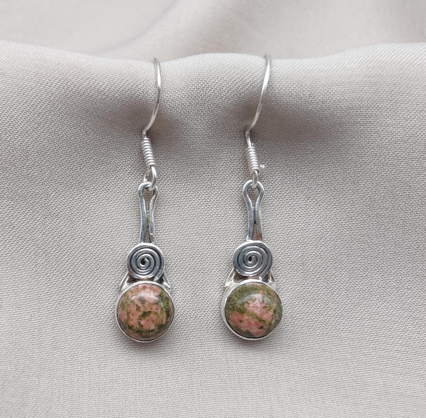 Unakite Dangle Earrings: 925 Sterling Silver, Boho Healing Stone