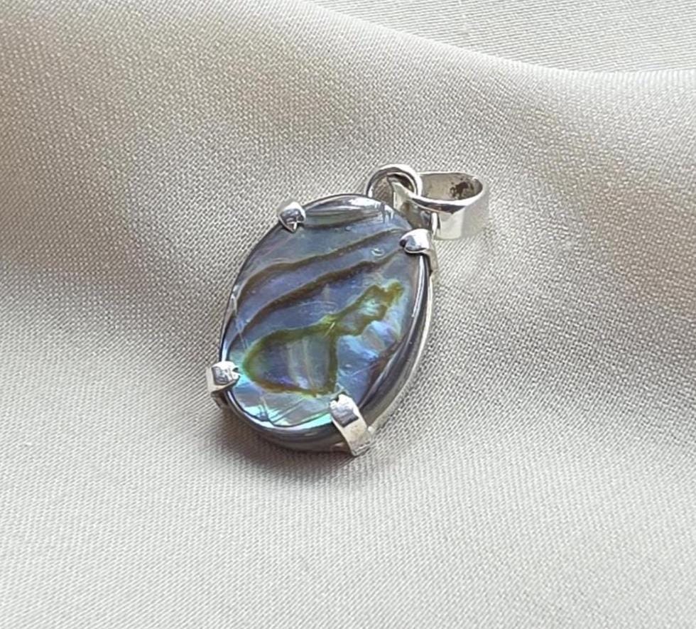 925 Sterling Silver Abalone Shell Pendant, Natural Iridescent Shell Necklace, Oval Abalone Gemstone Jewelry, Ocean Inspired Gift for Women
