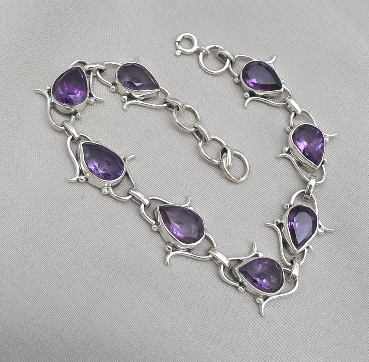 925 Sterling Silver Amethyst Bracelet Pear Shape Purple Gemstone Link Bracelet Gift for Her