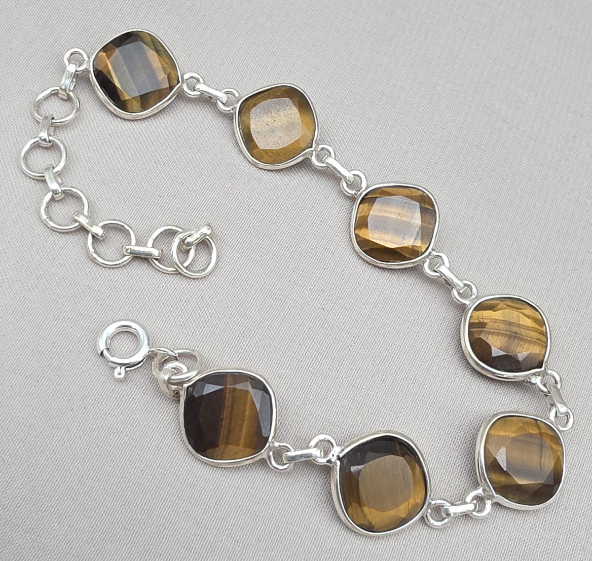 925 Sterling Silver Tiger Eye Bracelet Faceted Cushion Cut Gemstone Bracelet Gift for Her