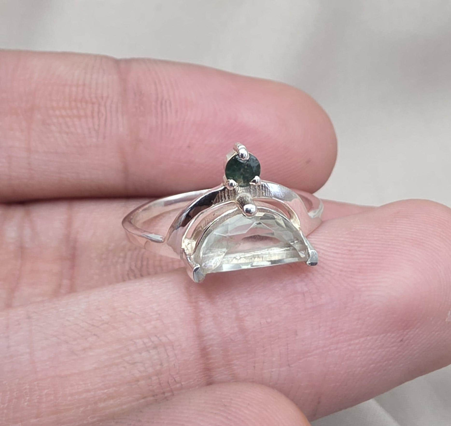 Green Amethyst Ring 925 Silver Dual Stone Moss Agate Statement Ring