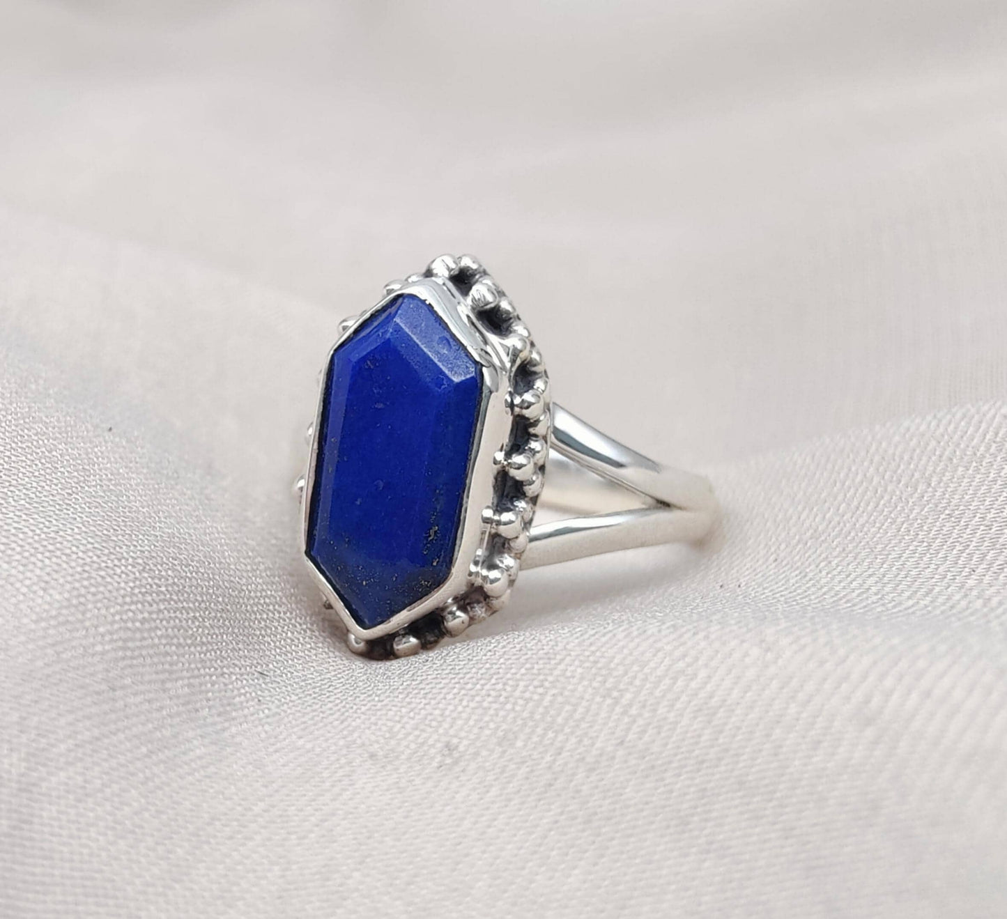 Natural Lapis Lazuli 925 Sterling Silver Ring: Handmade Hexagon Gemstone, Boho Jewelry