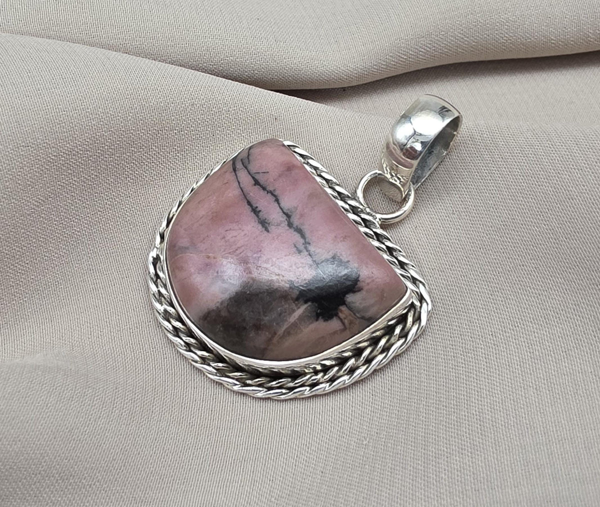 Rhodonite Pendant 925 Sterling Silver Pink and Black Healing Stone Necklace Crystal Jewelry