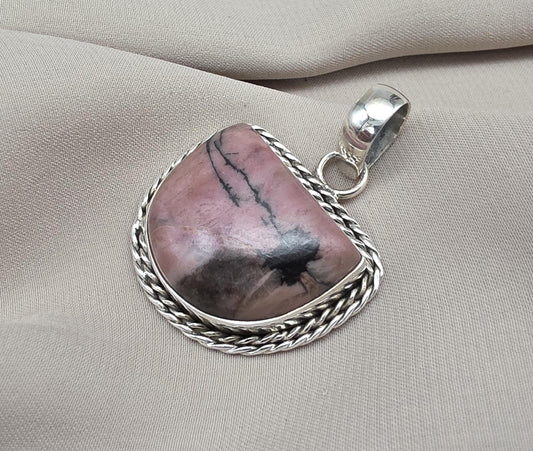 Rhodonite Pendant 925 Sterling Silver Pink and Black Healing Stone Necklace Crystal Jewelry