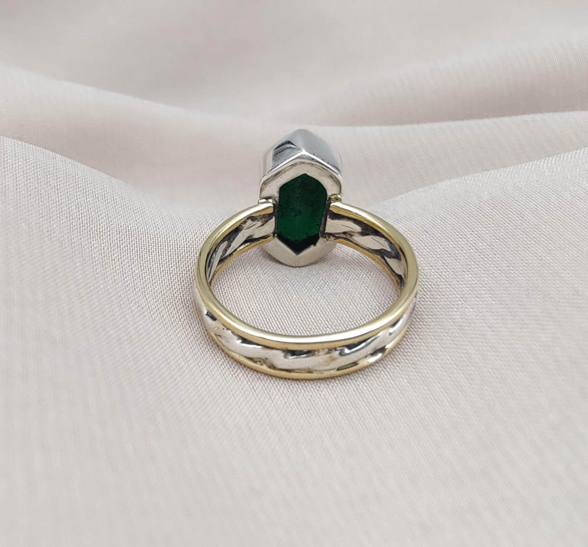 Green Onyx Sterling Silver Ring: Handmade Dual-Tone Band, Hexagon Cut