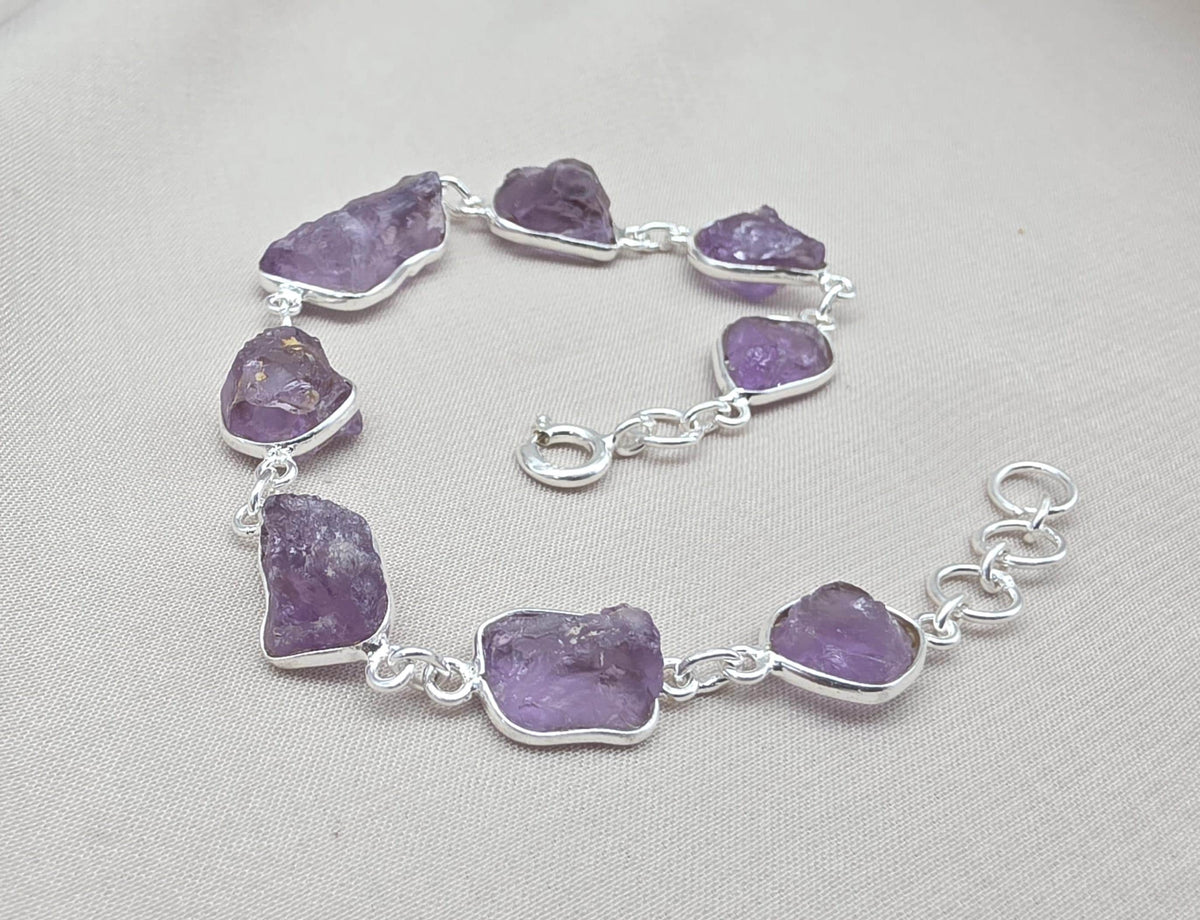 Raw Amethyst 925 Sterling Silver Link Bracelet – Boho Gemstone Jewelry