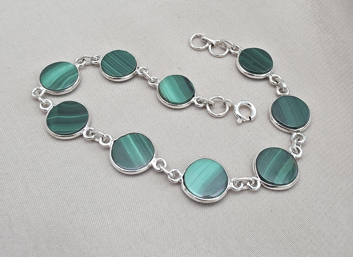 Malachite Bracelet 925 Sterling Silver Round Cabochon Green Gemstone Link Bracelet Handmade Jewelry