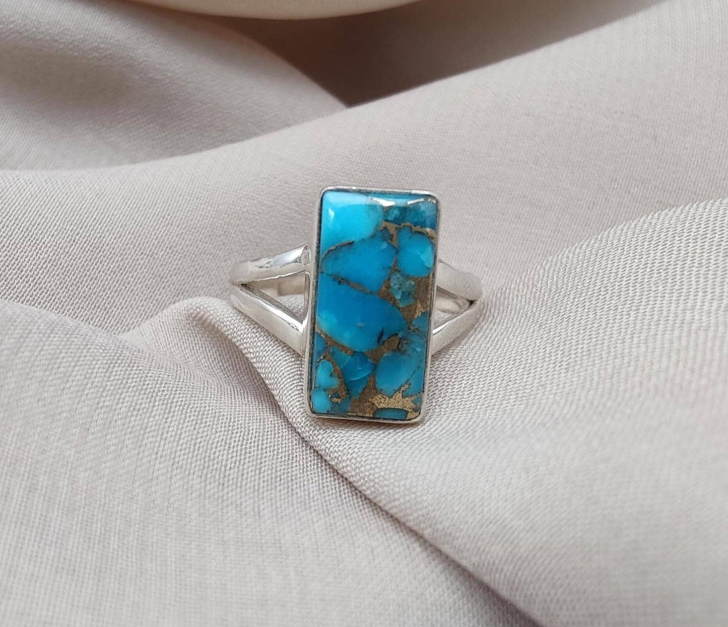 Blue Copper Turquoise 925 Sterling Silver Ring: Boho Gemstone Jewelry