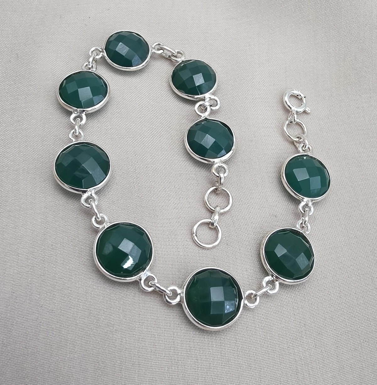Green Onyx Bracelet 925 Sterling Silver Faceted Round Stone Link Bracelet Handmade Jewelry