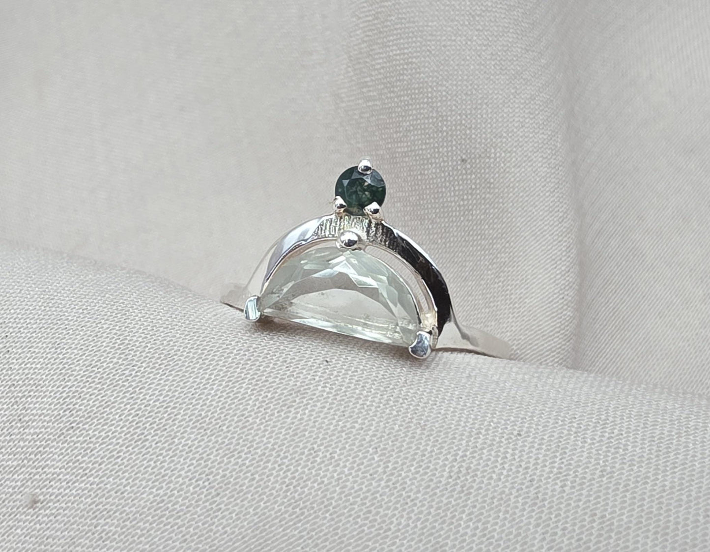 Green Amethyst Ring 925 Silver Dual Stone Moss Agate Statement Ring