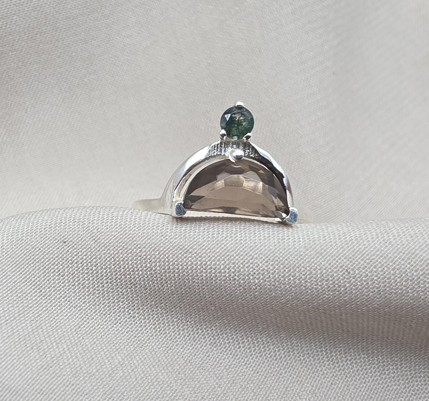Smoky Quartz Ring 925 Silver Dual Stone Moss Agate Statement Ring Half Moon Jewelry