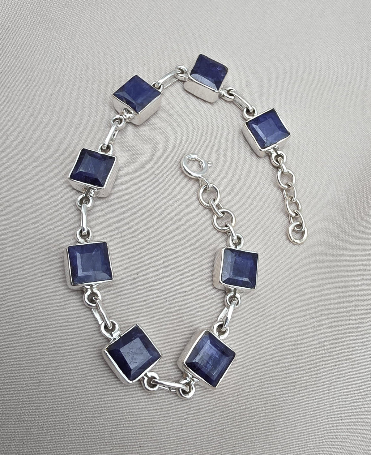 Blue Sapphire Cushion Link Bracelet 925 Sterling Silver Square Faceted Gemstone Bracelet Handmade Jewelry