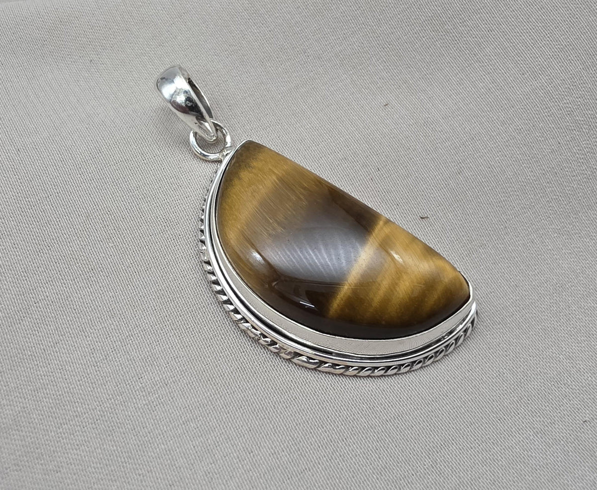Half Moon Tiger Eye Pendant: 925 Sterling Silver Protection Gemstone Necklace Courage Jewelry