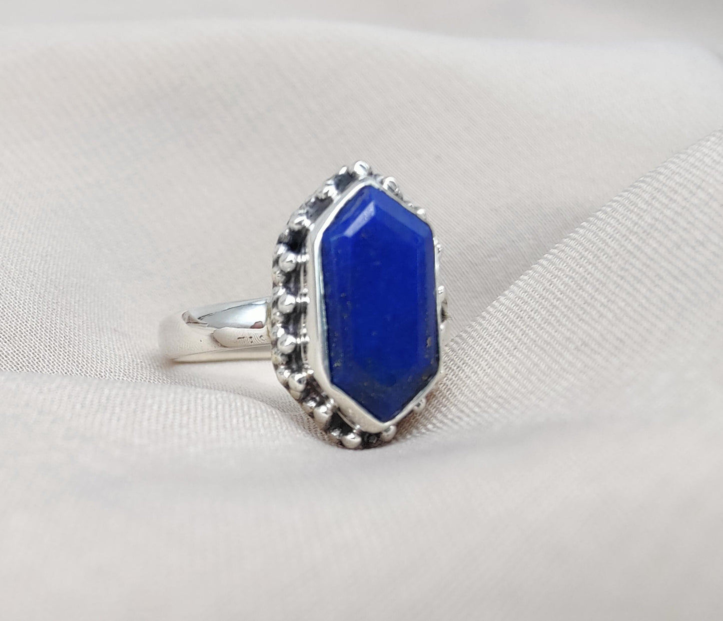 Natural Lapis Lazuli 925 Sterling Silver Ring: Handmade Hexagon Gemstone, Boho Jewelry