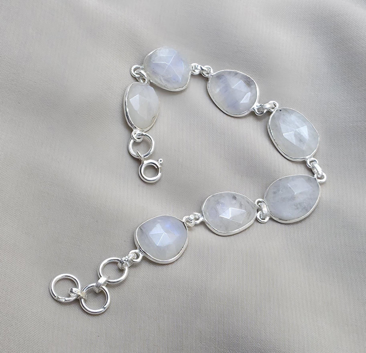 Rainbow Moonstone 925 Sterling Silver Bracelet Natural Handmade