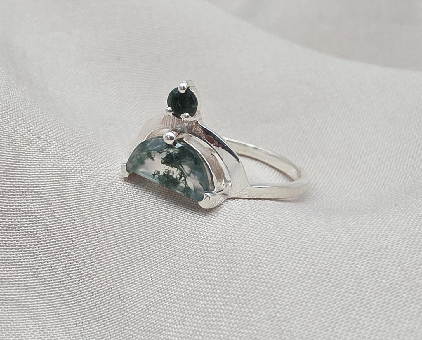 Moss Agate Ring 925 Silver Dual Stone Statement Ring Nature Gemstone