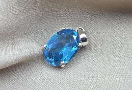 925 Sterling Silver Oval Blue Quartz Pendant, Natural Gemstone Charm, Boho Statement Jewelry