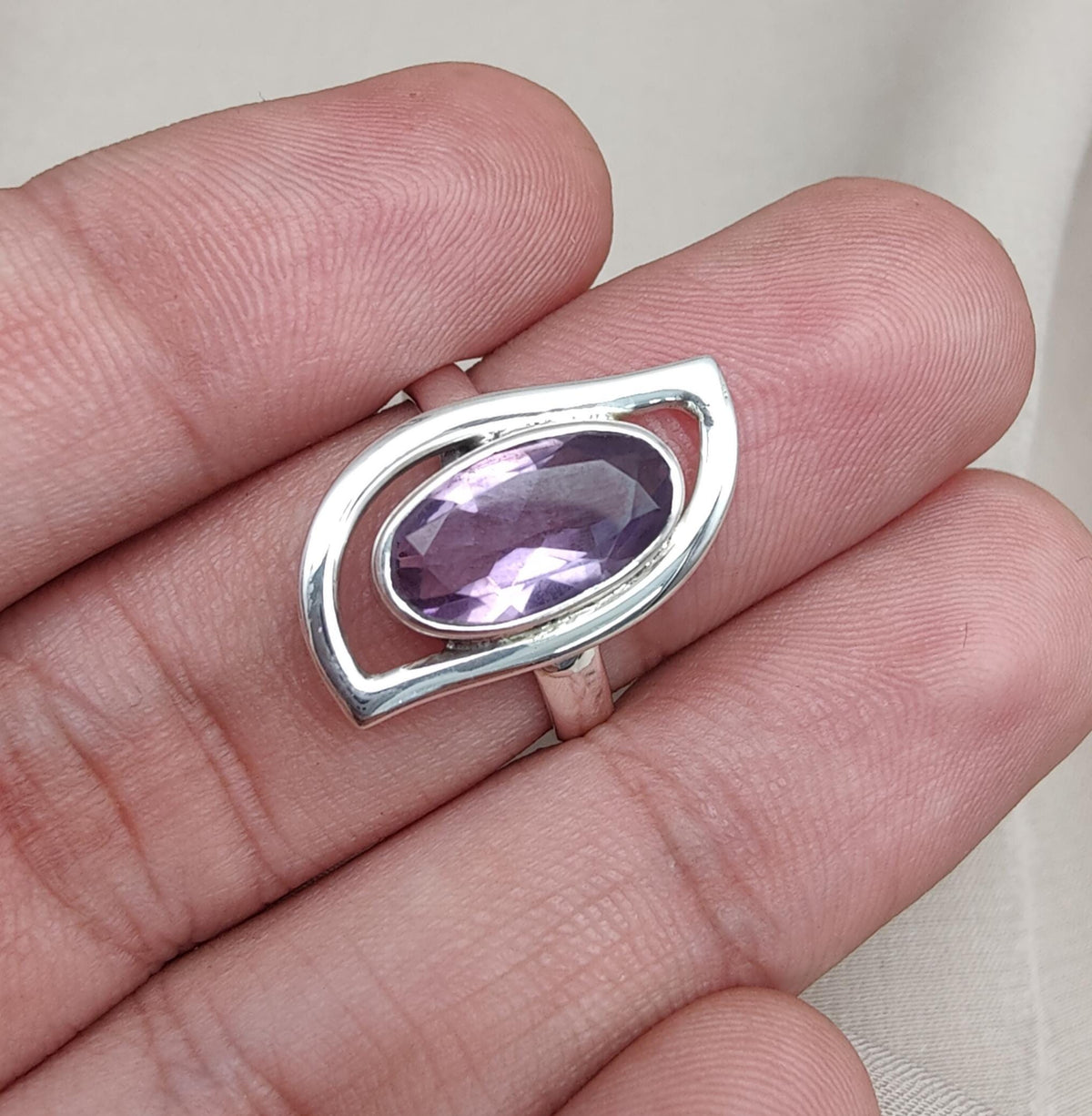 Amethyst Sterling Silver Ring: Modern Abstract Design, February Birthstone