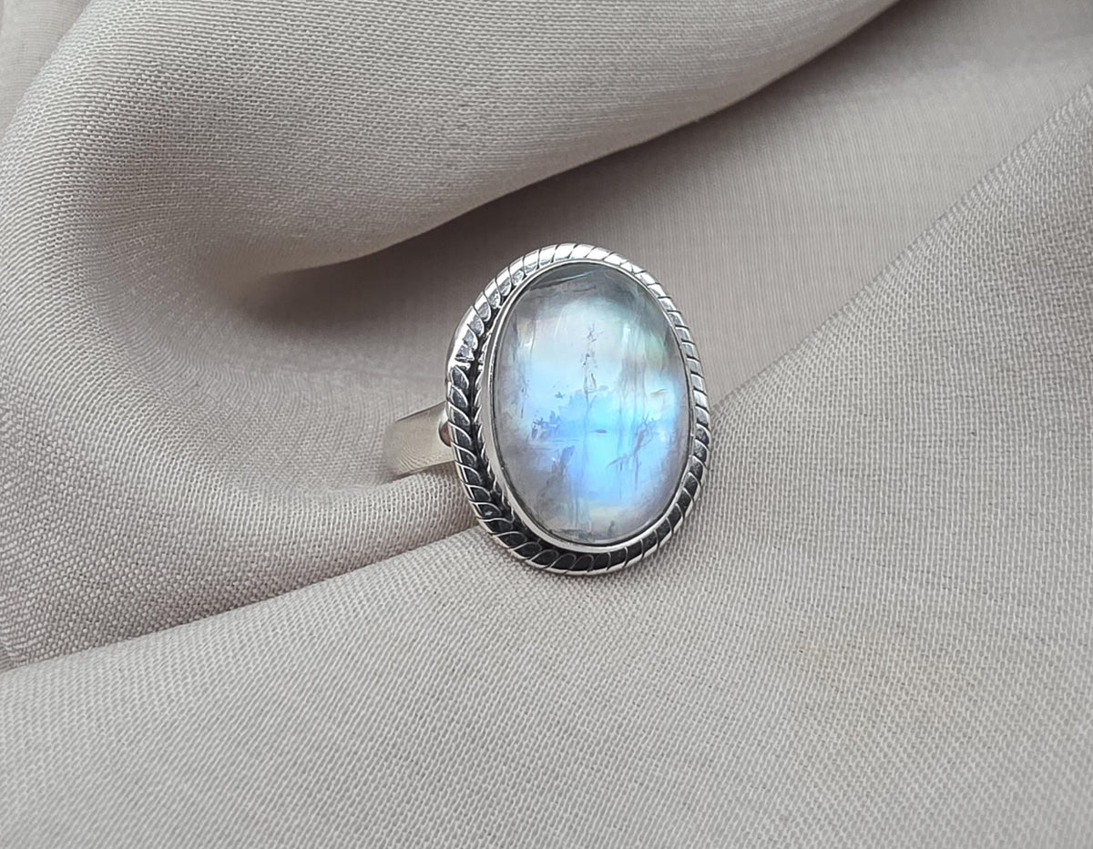 Rainbow Moonstone Ring : 925 Sterling Silver Blue Flash Crystal Ring June Birthstone Jewelry