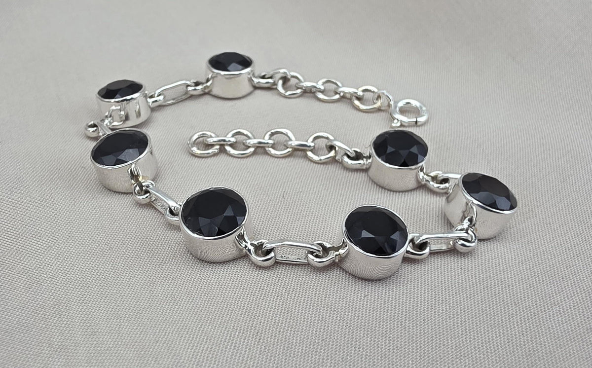 Black Onyx Bracelet 925 Sterling Silver Round Stone Link Bracelet Handmade Jewelry