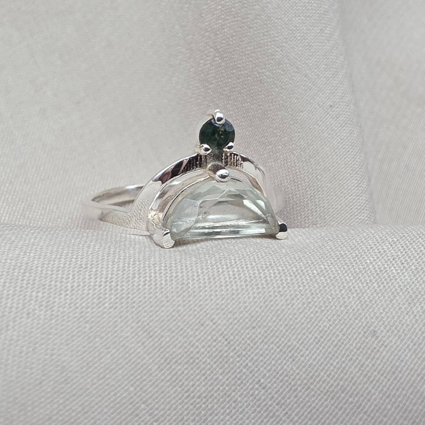 Green Amethyst Ring 925 Silver Dual Stone Moss Agate Statement Ring